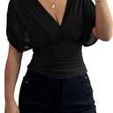BEAUDRM Women's Wrap Tops Sheer Mesh Dolman Sleeve Tees Cinched Waist Ruched Tie Back Casual Shirts Black Medium