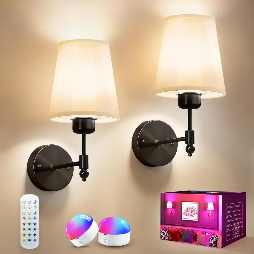 Battery Operated Wall Sconce Set of Two, Wireless Rechargeable Wall Lights with 5200mAh Dimmable Bulbs and Remote,12 RGB Colors Wall Lamp for Bedroom Living Room Hallway (12.6 inch, Black)