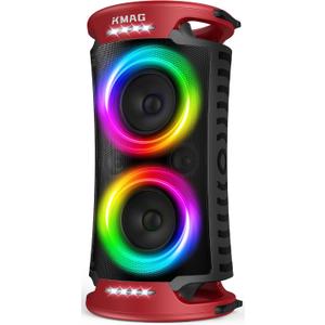KMAG Large Party Bluetooth Speaker, 260W Peak Powerful Loud Sound with Deep Bass, 15Hr Playtime, Fast Charge, RGB Cool Light Show, TWS, Portable for Outdoor Beach, Camping, Backyard, Work, Home (Red)