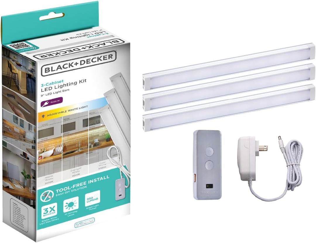 BLACK+DECKER LED Under Cabinet Light Kit, Motion Sensor, Dimmable, Linkable, 3 Color Settings, Tool-Free, for Kitchen, Cabinets and Closets, (3) 9" Bars