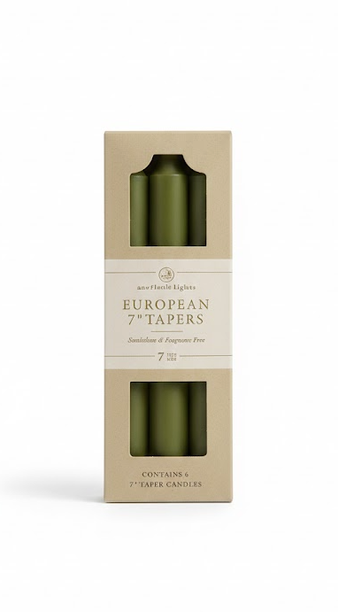 Southern Lights European Taper Candles (Set of 6). Elevate your home decor with these premium 7-inch green taper candles. These candles are smokeless and fragrance-free, making them ideal for dining tables and holiday centerpieces