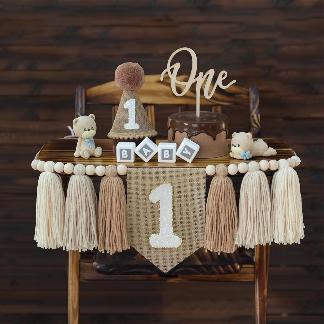 DCJHFJ First Birthday Decorations for Boy 1st High Chair Banner with First Birthday Cake Topper Brown 1st Birthday Hat