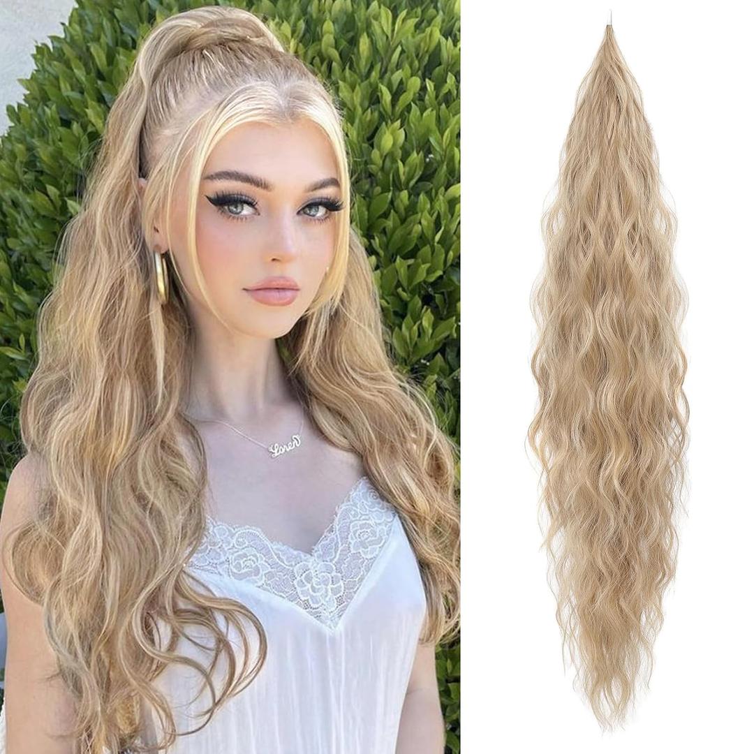 Flufymooz Ponytail Extension, Flexible Wrap Around Ponytail Extension Long Wavy Curly Ponytail Hair Extensions Natural pony tail Synthetic Hairpiece for Women 32 Inch (Champagne Blonde)