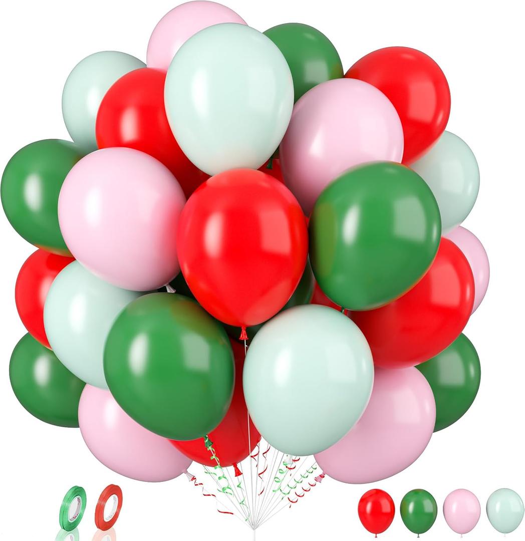 Biapian Red and Green Balloons, 60PCS Christmas Party Balloons, 12Inch Matte Red Dark Green Latex Balloons Pastel Pink Green Balloons for Birthday Baby Shower New Year Xmas Christmas Party Decorations