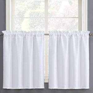 Home Queen White Water Resistant Bathroom Window Curtain, Waffle Textured Half Tier Curtains for Kitchen Cafe, 36" W X 36" L Inches, Set of 2