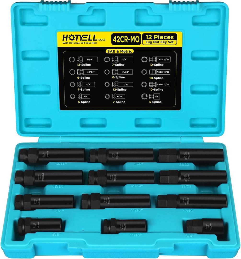 Spline Lug Nut Socket Set, 12-Piece Wheel Lock Removal Tool Kit, Universal 5/6/7/10/12 Spline Locking Lug Nut Master Keys, Cr-Mo Tire & Wheel Tools for Aftermarket Axle Nut
