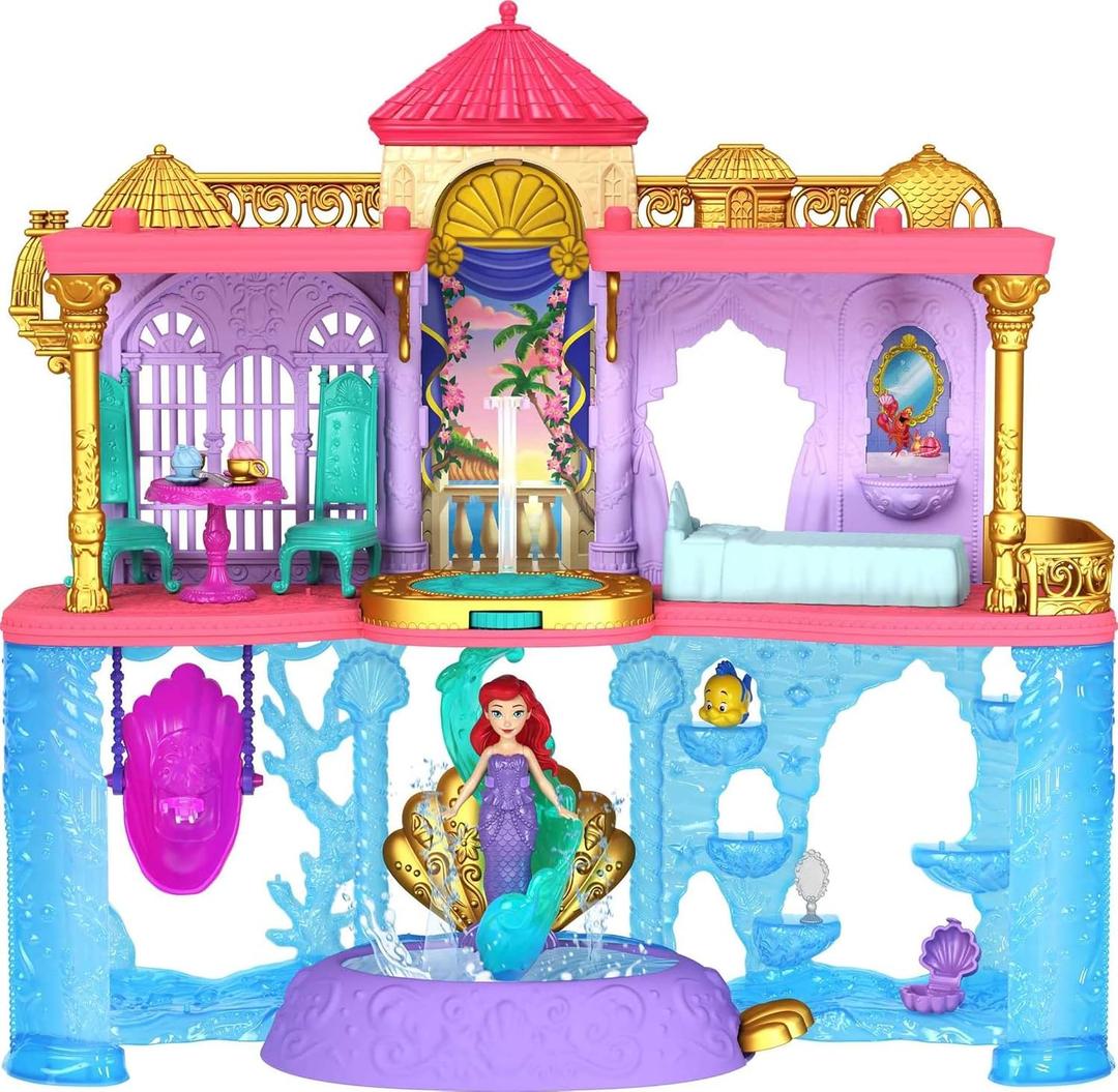 Mattel Disney Princess The Little Mermaid Toys, Ariel Doll House Stackable Castle with Land & Sea Levels, Small Doll, 1 Friend, 12 Pieces & Pool, Medium, Small