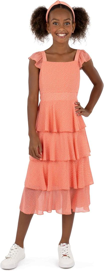 Speechless Girls' Flutter Sleeve Midi Tiered Dress (7, Coral)