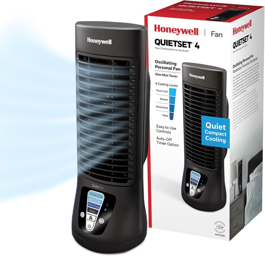 Honeywell QuietSet Personal Table Fan, Oscillating Personal Desk Fan with Quiet Operation, 4 Levels of Power and Sound, Black, HTF210B, 1 Pack