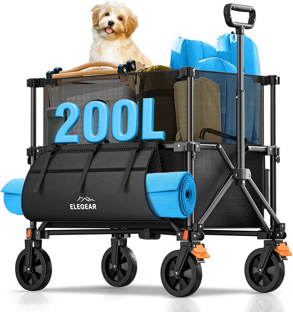 Elegear Wagon Cart Foldable Collapsible 440LBS - Adjustable Capacity from 100L to 200L - Heavy Duty Utility Beach Wagon with All-Terrain Wheels & Smallest Folding Design for Camping Sports Shopping (Black)