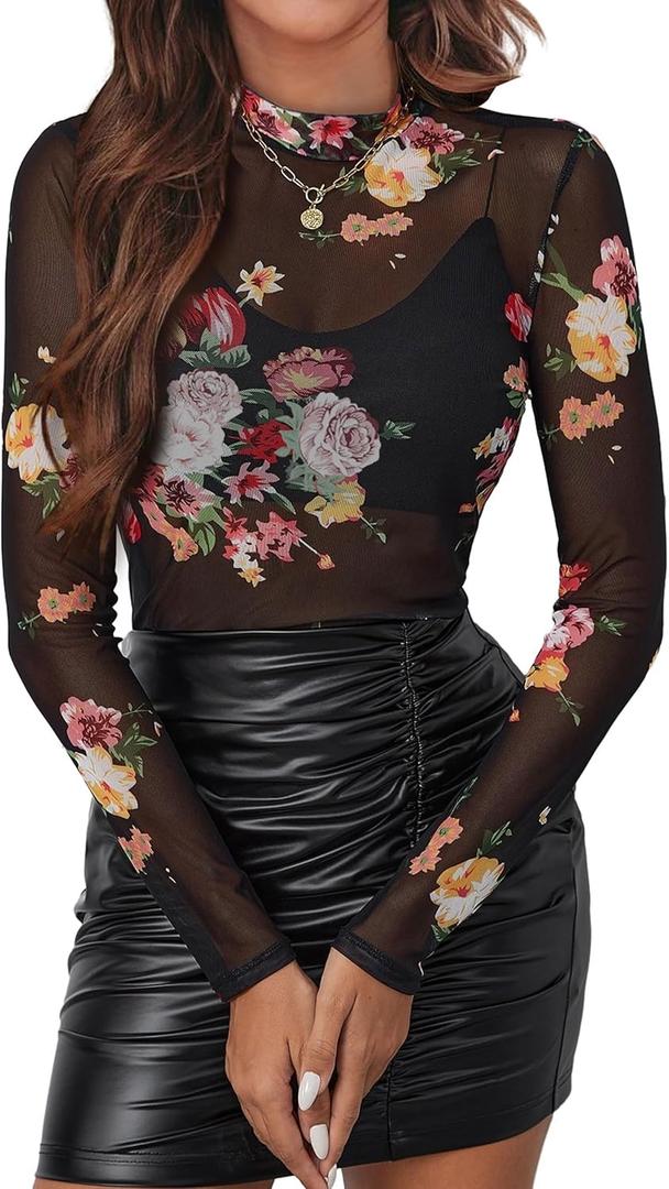 OFEEFAN Womens Long Sleeve Mesh Top See Through Mock Neck Sheer Blouses (Medium, Multi-flower)