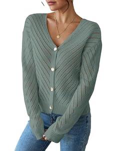 Libsorge Womens Sexy Off The Shoulder Sweater Spring Summer Fall 2025 Trendy Lightweight Ladies Dressy Casual Outfits Cute Crochet Knit Hollow Out V Neck Long Sleeve Button Cardigan Sage Green S