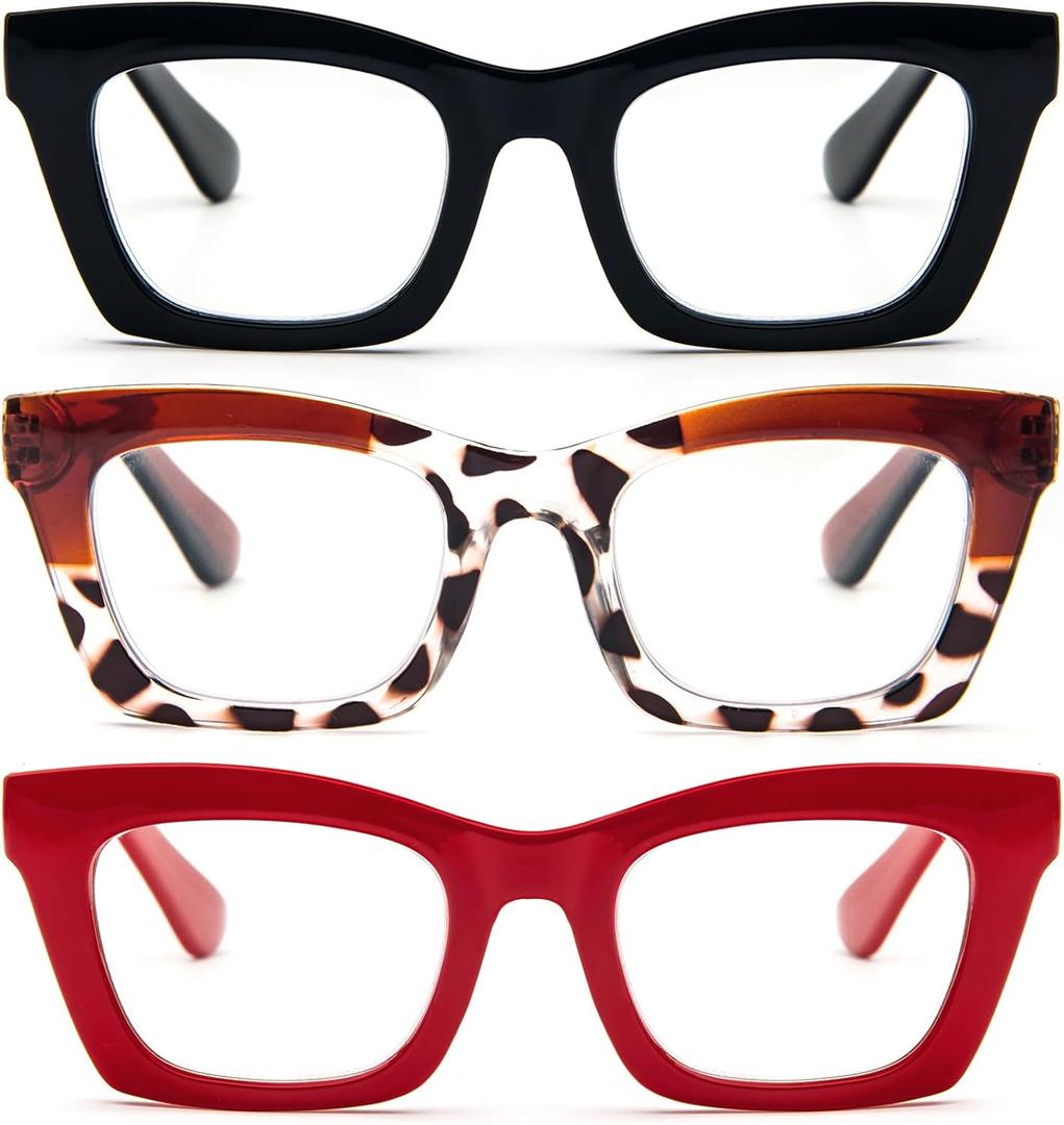 REAVEE Oprah Style Reading Glasses for Women, Blue Light Blocking Stylish Oversized Computer Readers Spring Hinge (Black/Brown Leopard/Red)
