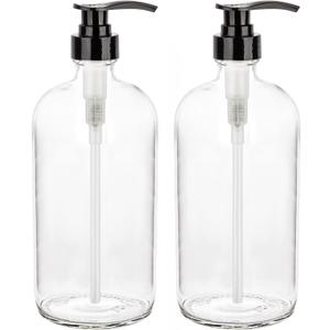 kitchentoolz 32-Ounce Pump Bottles, Large Clear Glass Boston Round Bottles w/Black Pumps. Great for Lotions, Laundry Soap Detergent, Oils, Sauces - Food Safe and Medical Grade (Pack of 2)