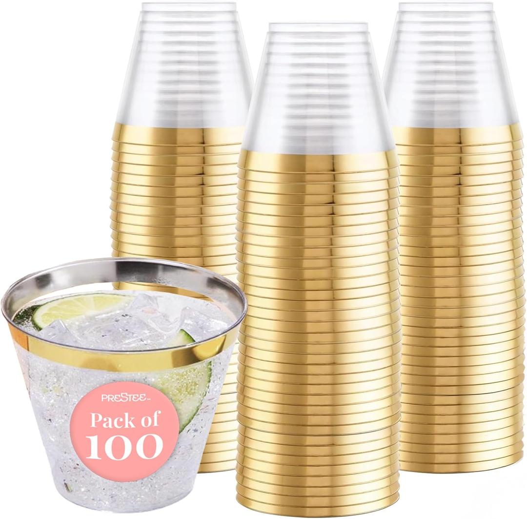 Prestee 100-Pack 9oz Gold Rimmed Plastic Cups Disposable Wine Glasses for Charcuterie, Weddings, Parties, and Events - Elegant Cocktail and Drinking Cups for Champagne, Martini, and Mocktails
