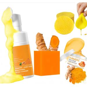 4-Piece Turmeric Skincare Set with Face Wash, Cream, Soap Bar, Bubble Net, Facial Cleanser for All Skin Types, Soothing Hydrating Formula