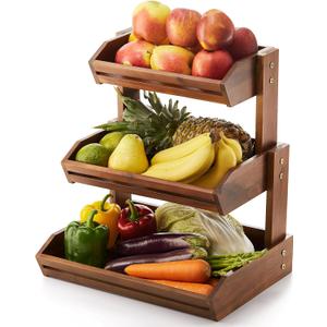 HOLANA Acacia 3 Tier Fruit Basket for Counter  Wooden Fruit Bowl for Kitchen Counter Organizer & Produce Storage Wooden Basket, Snack Organizer for Countertop, Kitchen Counter Storage (Acacia)