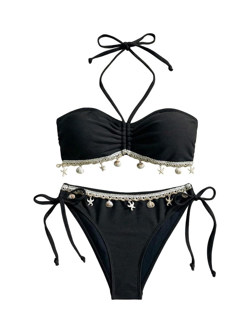 Floerns Women's Halter Bikini Sets Starfish Swimsuit Tie Side Thong Bathing Suit Black Small (S)