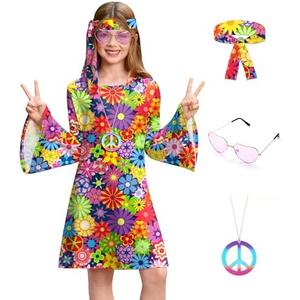 BesserBay Girl's 4 Pcs Halloween 70s Hippie Dress Bell Sleeve Floral Printed Outfit Size 140