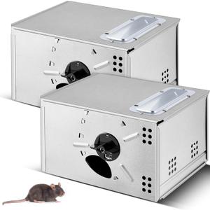 Qualirey 2 Pieces Mousetrap with Clear Lid Multiple Catch Mouse Trap Metal Mouse Trap Box for Indoor Outdoor and Other Scenes, Silver, 9.25 x 7.2 x 5.39 Inch