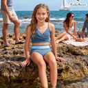 Kids4ever Kid4ever Girls Swimsuits 2 Piece Gray Blue Color Block Teen Bikini Sets with Chest Pad Adjustable Straps Bathing Suits for Girls V Neck High Waisted Summer Girls'Swimwear 11-12T