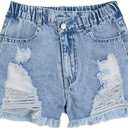 WDIRARA Girl's Bow Embroidered Ripped Denim Shorts Elastic High Waisted Raw Hem Jean Shorts