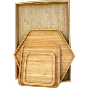 PAFREWOG Bamboo Serving Trays Cutting Boards 16.5"x11.8"（42x30cm with Handle, Set Includes 0.63"(1.6cm) Thick Plates 1xHexagon 12.5"(32cm)+1xHexagon 9.8"(25cm)+1xSquare 5.9"(15cm) for Family Dinner