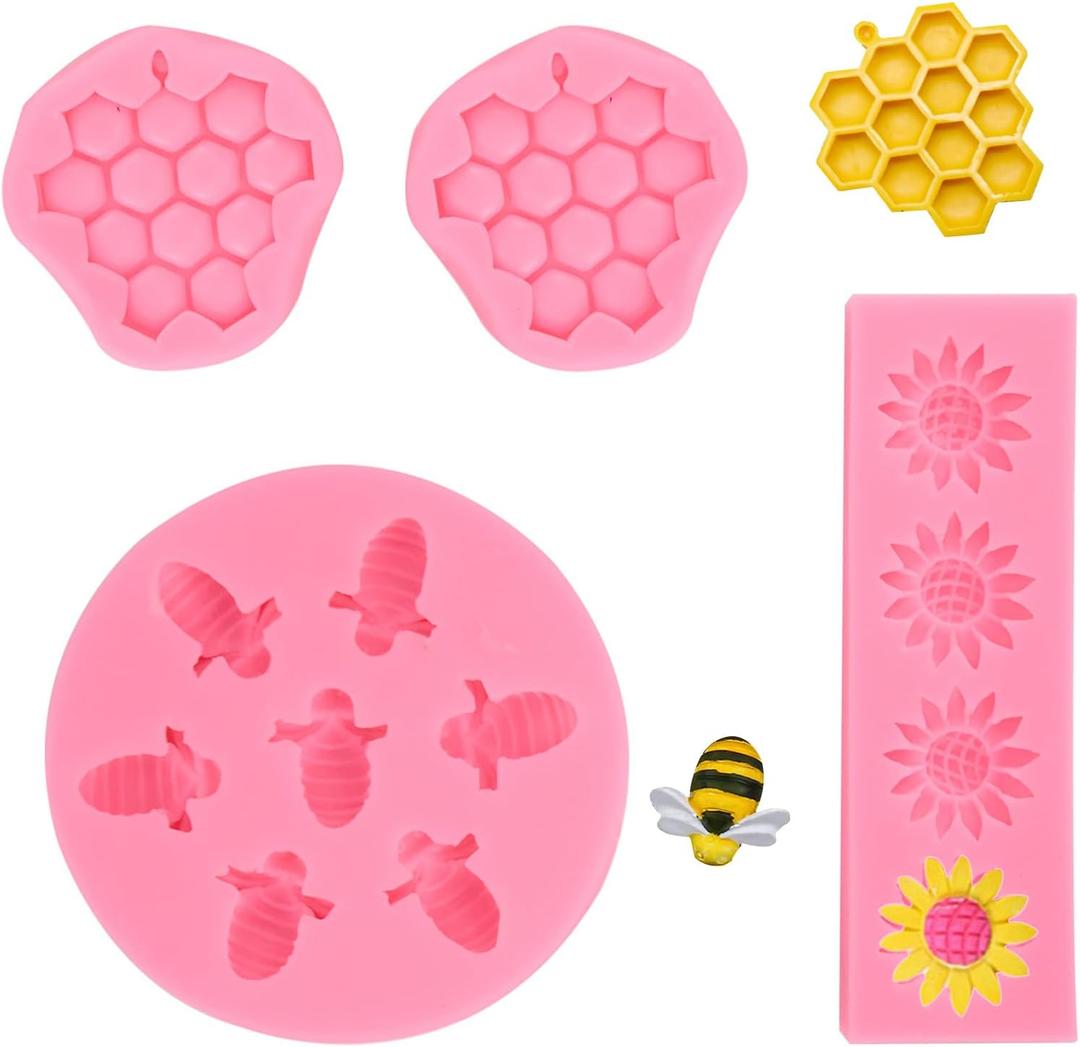 2 x 4 Pcs Bumble Bee Silicone Molds Kit with Honeycomb, Bee and Sunflower, Fondant, Chocolate, Cupcake, Cake Decorating, Candy Molds(Pink)