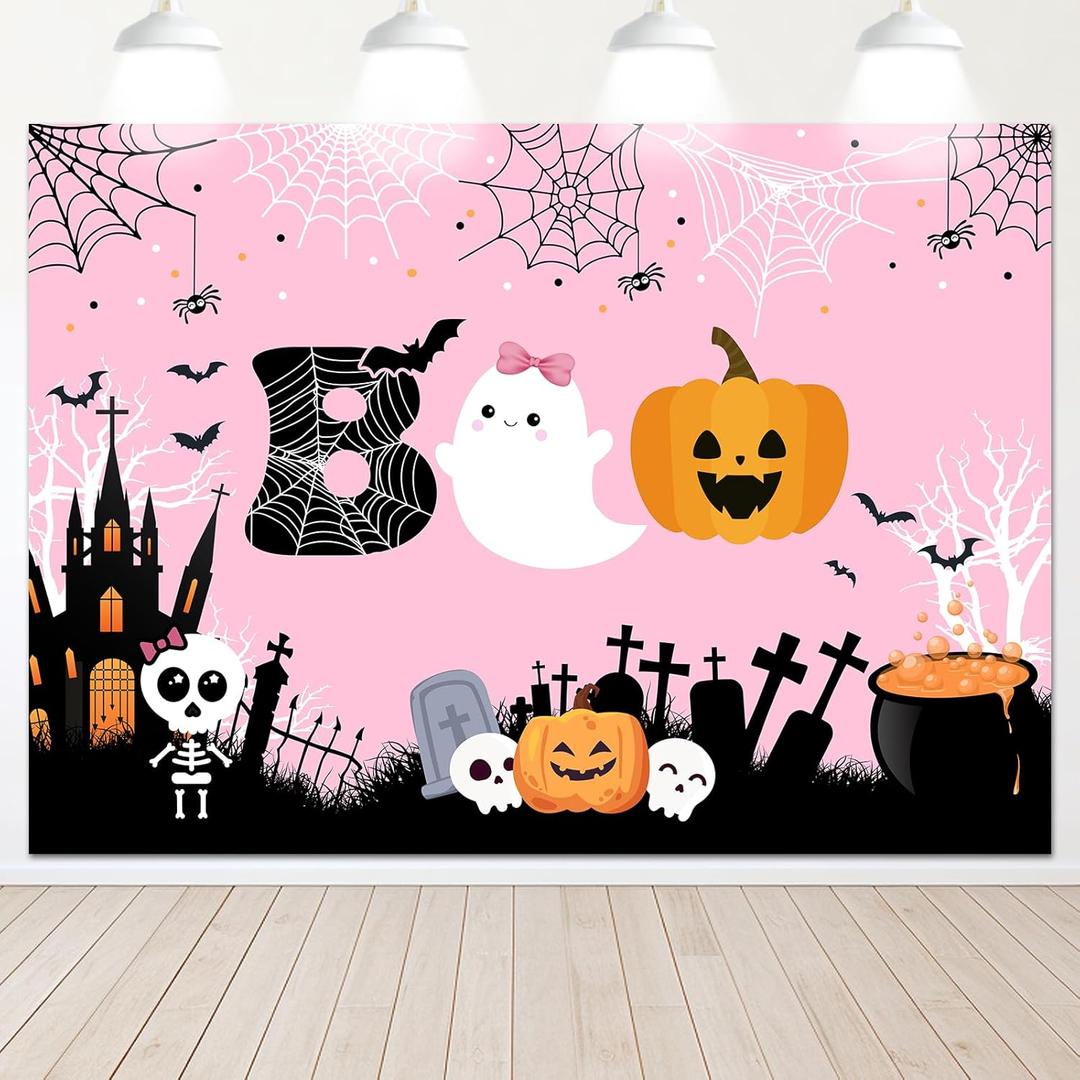 Mocsicka Halloween Boo Backdrop Cute Spooky Ghost Pumpkin Trick or Treat Background Pink Little Boo Girl Baby Shower or Birthday Party Cake Table Decoration Banner Photo Booth Props (7x5ft)