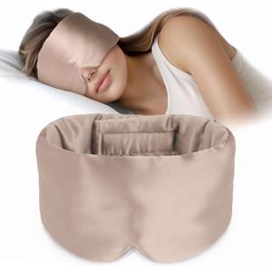 Silk Sleep Mask Soft Pressureless: 100% Mulberry Silk for Eye Skin Anti Wrinkles, Large Size for Total Blackout, Adjustable Wide Velcro Ear Cover (Camel)