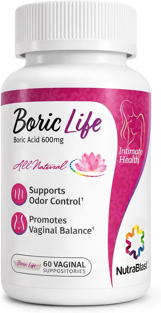 NutraBlast Boric Life Boric Acid Suppositories for Women 600mg, 60 Count