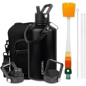YONICOER Insulated Water Bottle 87oz,Triple Wall Vacuum Stainless Steel(Dishwasher Safe),Leak Proof & Non-BPA,Flask Jug with Paracord Handle & Straw Spout Lids Sports Black