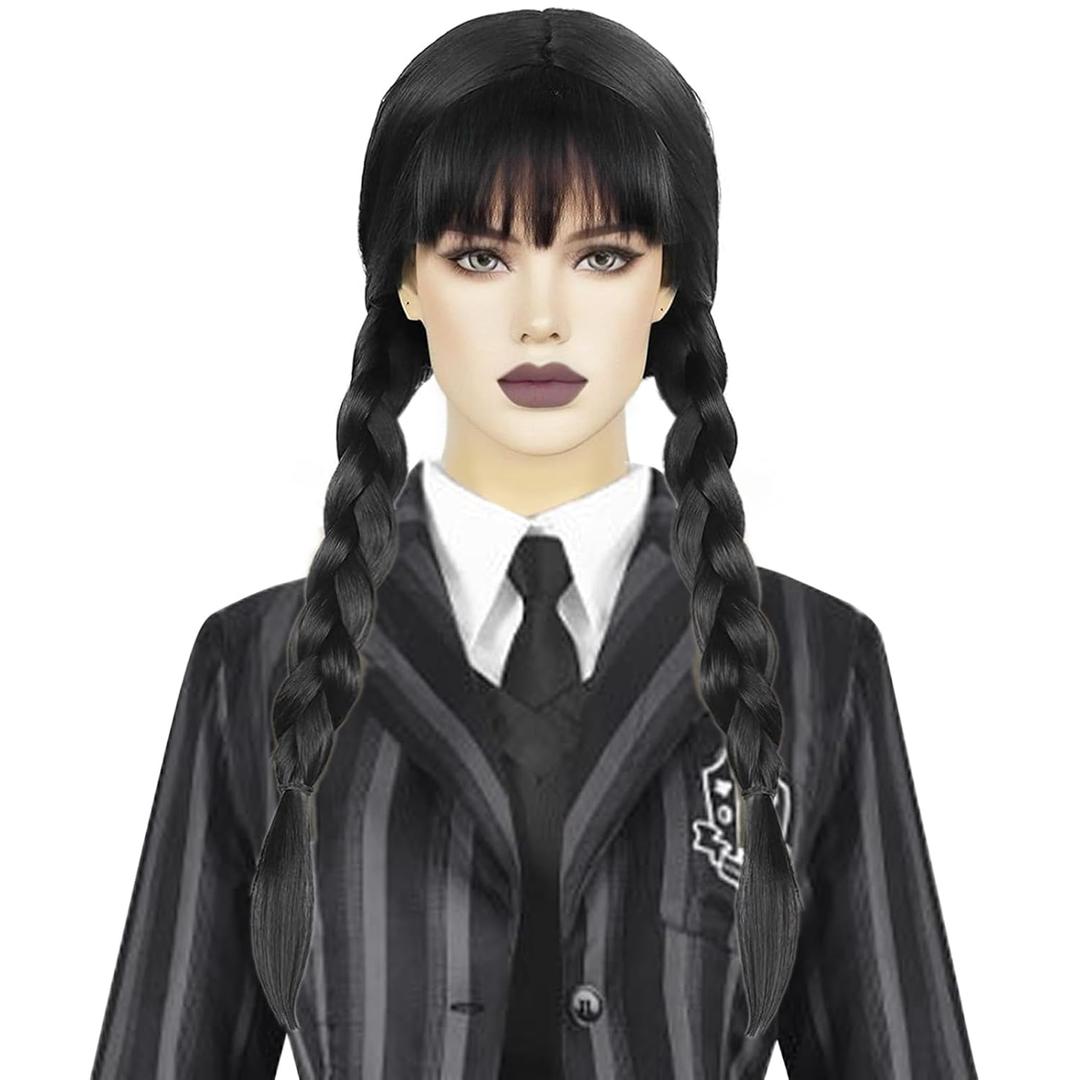 ANOGOL Hair Cap+ Black Braided Wig With Bangs for Women Long Straight Pigtails Wig for Women Synthetic Wigs with 2 Pigtails Gothic Costume for Halloween Party