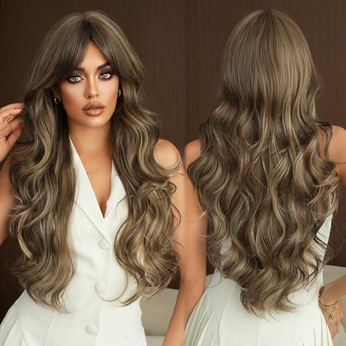 7JHHWIGS 28in Ash Brown Long Wavy Curtain Bangs Wigs Natural Highlight Platinum Heat Resistant Synthetic Fiber Women Body Wave Curly Wigs for Christmas Daily Party Daily Used