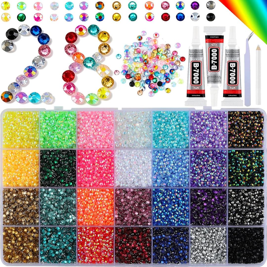 28 Colors Resin Jelly Gems Bedazzling Kit, 3mm Flatback Rhinestone Gems for Nail Art Crafts, with 3 Bottles B7000 Glue for Clothes, Shoes, Bedazzled DIY Jewelry Making Heavy Duty Weather Resistant