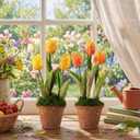 Spring Artificial Tulip Potted Plants Set of 2, 10.2 Inch Vintage Faux Yellow Tulips in Rustic Pot, Spring Table Centerpiece Arrangement for Desk Shelf Kitchen Dining Room Home Decor