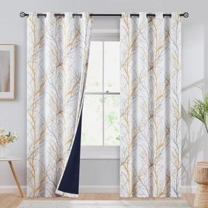 FMFUNCTEX 100% Blackout Yellow on White Tree Curtains for Bedroom, Curtains 84 Inches Long Branch Curtain Panels for Living Room, Room Darkening Thermal Insulated Window Drapes, Grommet Top 2 Panels