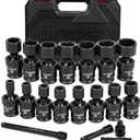LLNDEI 3/8" Drive Universal Impact Socket Set, 19 Pieces CR-MO Swivel Socket Set, Metric(8-22mm) Wobble Sockets 6 Point with Extension Bars, Adapter and Black Organizer