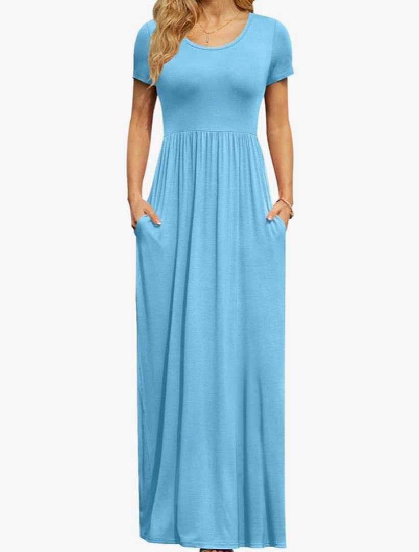 DB MOON Womens 2025 Summer Maxi Dresses Casual Short Sleeve Empire Waist Spring Long Dress with Pockets Size S