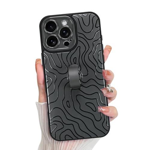 KANGHAR Compatible with iPhone 16 Pro Max Case, Silicone Wave Ripple Cute Pattern, Wristband Kickstand Camera Protection Soft Slim Cover for Girls Women -Black