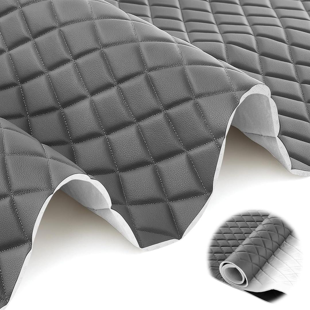 SmoothNovelty 1.1 Yards Diamond Quilted Vinyl Headliner Material 55 in Wide Faux Leather with Foam Backed 2" x 3" Diamonds Pattern Fabric for Car Furniture Upholstery(Dark Gray)