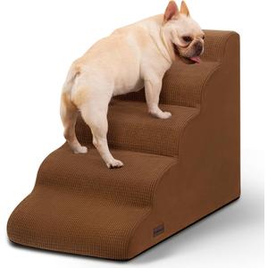 Aodisman 5-Step Dog Stairs and Ramp for High Bed, Non-Slip Sturdy Pet Steps for Small Dogs and Cats, 22.2" H, Brown