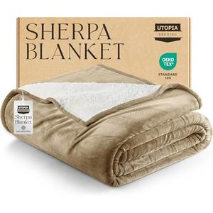 Utopia Bedding Sherpa Blanket Queen Size (Color: Camel, 90x90 Inches) - Soft Lightweight Plush Fleece Reversible Blanket for Bed, Sofa, Couch, Camping and Travel