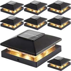 Solar Post Cap Lights Outdoor 8pack, Black Waterproof Solar Powered Deck Fence Post Lights Fit 4x4 Wood/Vinyl Posts, Bright Warm White Solar Post Lights Decorate Deck, Patio, Porch, Fence
