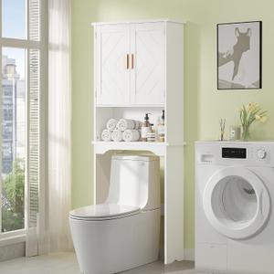 VECELO Over The Toilet Storage Cabinet, Over Toilet Bathroom Shelf with Double Doors and Anti-Tip Device, Inner Adjustable Shelf, White
