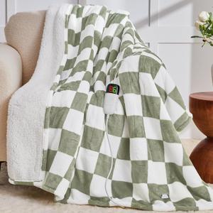 Sage Green Heated Throw Blanket Electric, 50X60 Heating Blanket with 10 Heat Levels & 8 Hours Auto Off for Lap, Checkered Plaid Soft Sherpa Blankets Warmer Gifts for Couch Grandma Women Adults