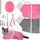 JULMELON Cat Washing Bag 10 PCS Set, Adjustable Cat Shower Net Bag and Pet Grooming Brush with Nail Clipper Nail File Hair Combs Tick Tool Nail Caps for Bathing Nail Trimming Examination(Pink/Grey)