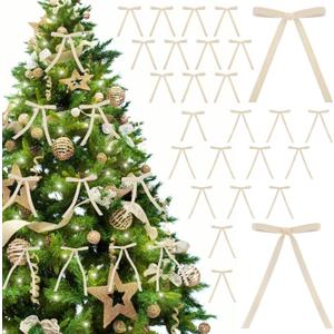 26 PCS Velvet Bows for Christmas Tree, Rustic Craft Gift Velvet Ribbon Flocked Bows for Wreaths, Doors, Garlands, Home Decor, Outdoor and Indoor (Cream)