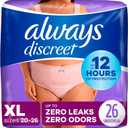 Always Discreet Adult Incontinence & Postpartum Underwear for Women, Classic Cut, Size Extra-Large, Maximum Absorbency, Disposable, 26 Count (Packaging May Vary)