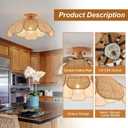 Boho 20 Inch Rattan Flush Mount Ceiling Light Flower Light Fixtures Handwoven Lampshade Ceiling Lamp Fixture for Bedroom Kitchen Island Dining Room Living Room